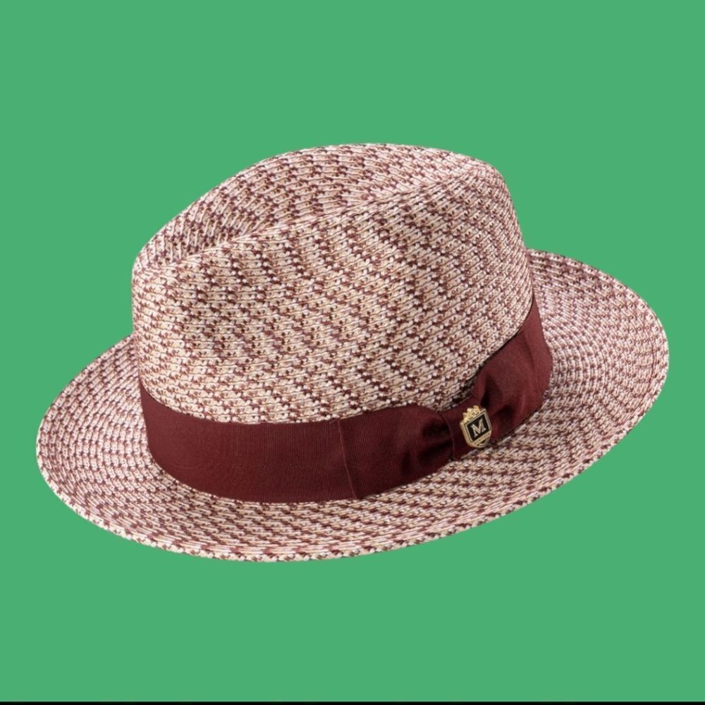 MONTIQUE MEN'S  BURGUNDY-WHITE WEAVE PATTERNED FEDORA HAT. H96